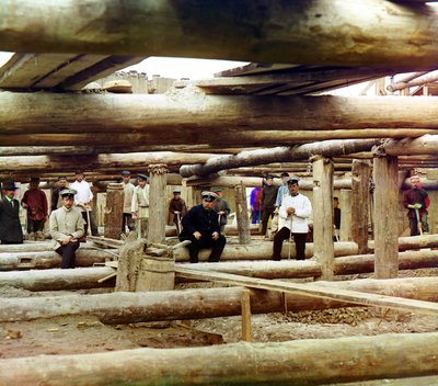 Workers and Supervisors Posing for Photograph amid Preparations for Pouring Cement for Sluice Dam Foundation across the Oka River, near Beloomut, Russian Empire, 1912 by Sergey Prokudin Gorsky